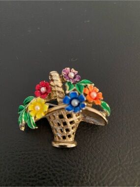 Vintage St. Labre Jewelry Co, Gold Floral Basket Brooch w/ Multi Enamel Flowers